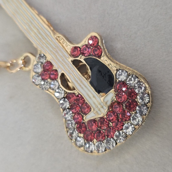 Gold with Clear And Pink Rhinestone Guitar Keychain - Picture 4 of 6